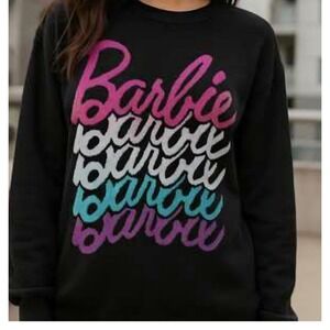 Barbie Black Print Sweater Size M Medium Women's NWT Pink Rainbow Crewneck